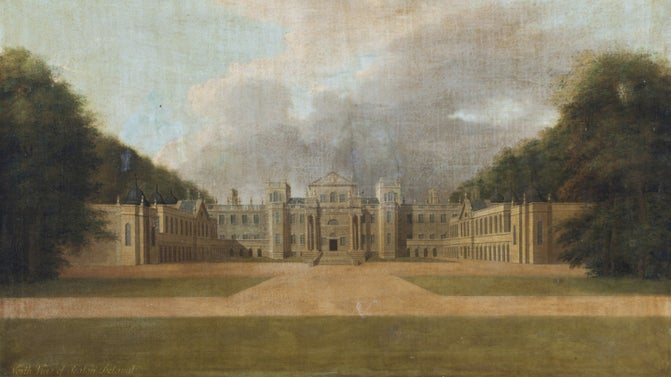 A faded painting of one side of a building. There is a grass front with a carriage drive leading to the central building. There are clouds in a bright blue sky
